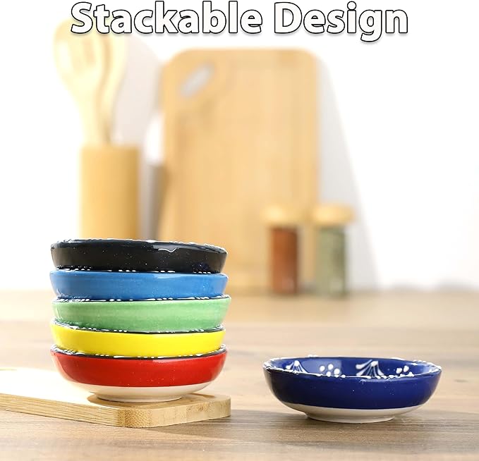 Ceramic Small Dipping Bowls Set of 6, 2.5 Oz Soy Sauce Dish, Handmade Charcuterie, Colorful Pinch, Dishwasher & Microwave Safe Sauce, Mini (BLOOM ARRAY)