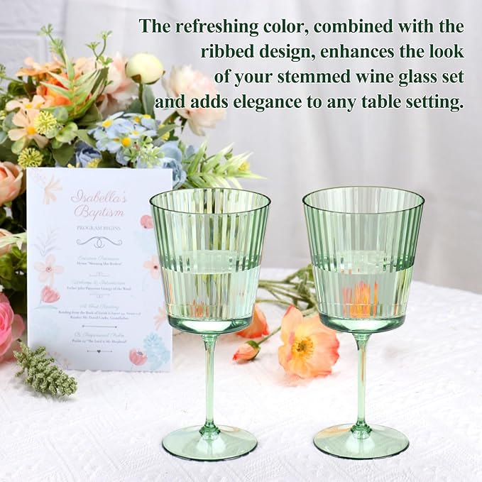24 PCS Green Plastic Wine Glasses with Removable Stems 13.5 Oz Ribbed Wine Glasses Square White Wine Glass Muted Pastel Colors Goblets Elegant Fluted Glassware for Wedding Anniversary Birthday