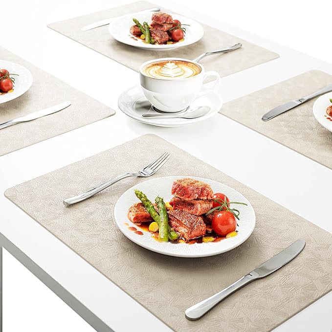 Vinyl Placemats Set of 4 Faux Leather 100% Waterproof Wipeable Washable Place Mats Heat Resistant Easy Clean Non-Slip Table Mats for Indoor Outdoor. (4,Beige)