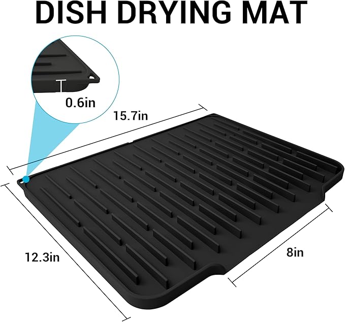 Silicone Dish Drying Mat for Kitchen Counter, Foldable & Heat Resistant Drying Pad with 5° Slope & Wide Drain, 15x12 Inch Non-slip Sink Mat for Bathroom and Countertop.(Black）