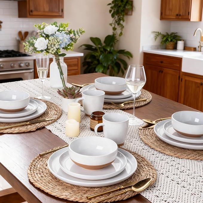 AmorArc Ceramic Dinner Plates Set of 6,10.5 Inch Stoneware Plates Set for Dinner, Elegant Dish Set with Rustic Terracotta Underside, Microwave & Dishwasher Safe, White