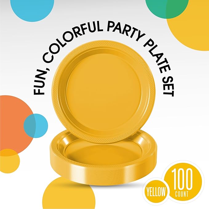 Yellow Plastic Plates For Party 7" Yellow Disposable Plates Heavy Duty 100 Pcs Plastic Dinnerware Sets Heavy Duty 350 GSM Disposable Dinnerware Set