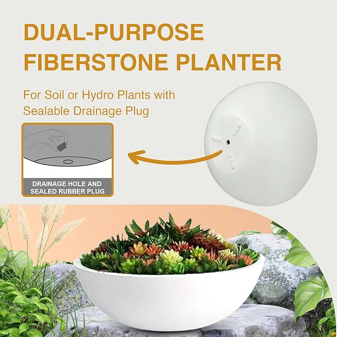7.7" H x 22" D Round Bowl Fiberstone Planter for Succulent and Lotus with Drainage Hole, Smooth Finishes, Weather Resistant, Included 2 Extra Coco Mats (White, 19.9" Pot Opening)