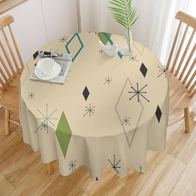 Colorful Middle Century Round Tablecloth, Vintage Bohemian Mid Century Modern Retro Print Tablecloth for Home Party Dining Room Kitchen Decor 36Inch(90cm)