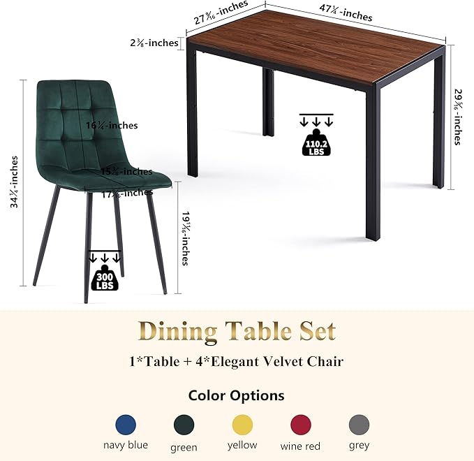 Modern Dining Room Set for 4, 5 Pieces Dining Table Set, Solid Walnut Table Imitation Wood with Sturdy Metal Frame&Legs, Comfy Velvet Dining Chair Armless for Space Saving, Stylish Dinette Set