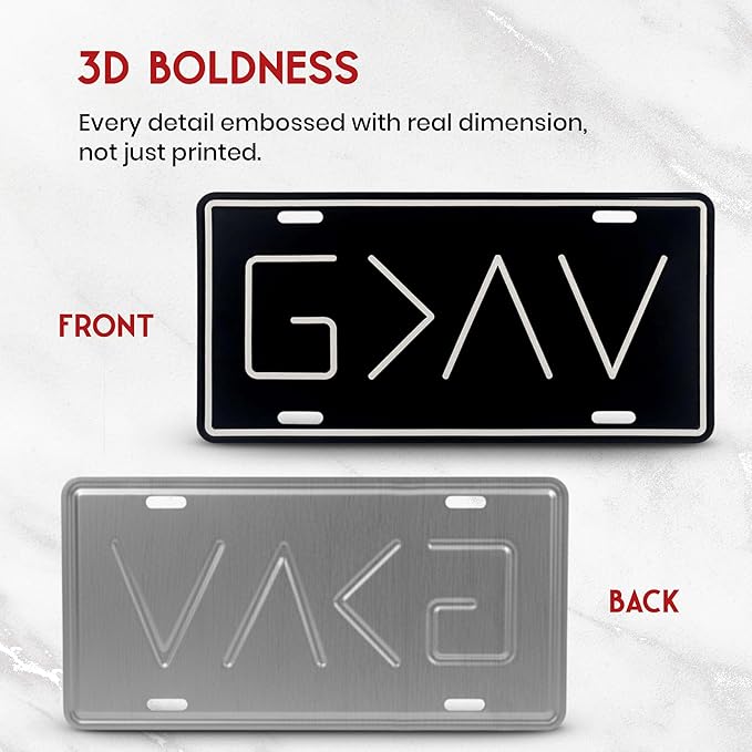 Autobase Black Metal Decorative Front License Plate (6" x 12") | Embossed G>^V - God is Greater Than The Highs and Lows | Vanity Car Tag for The Front of Vehicles
