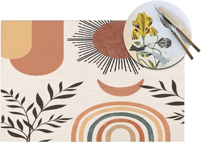 Mid Century Abstract Boho Placemats Orange Vintage Aesthetic Nature Leaf Sun Modern Washable Place Mats 12x18Inch for Dining Kitchen Farmhouse Decor 4 PCS