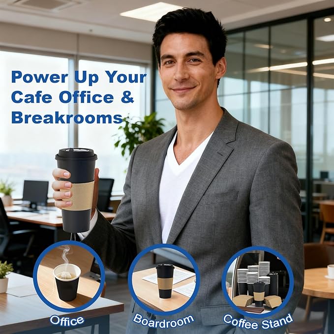 16 oz 50 Pack Coffee Cups with Lids and Sleeves, Straws, Hot Disposable To Go Travel Paper Cups Bulk for Office, Home Coffee Bar Accessories, Chocolate, Cocoa, Beverage (Black)