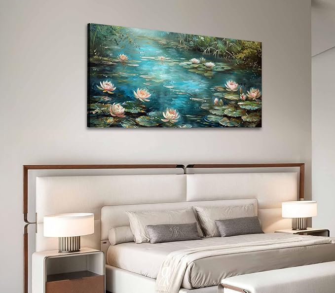 ADJUVANT Wall Art Impressionist Water Lily Pond 48" L x 24" W, Lotus Flower Canvas Painting Nature Artwork Green Water and Pink Blooms Prints Wall Decor for Living Room Bedroom Study Home Office