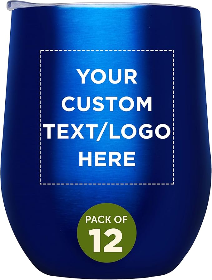 Custom Stemless Wine Glass Tumblers with Lids by Largo 11 oz. Set of 12, Personalized Bulk Pack - Perfect for Wine, Cocktails, Other Hot & Cold Beverages - Blue