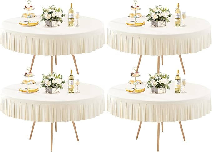 4 Pack Ivory Spandex Round Tablecloths for 72in Table, Stretchy Fitted 6FT Round Table Cloths, Wrinkle Free Table Cover with Skirt for Wedding Birthday Party Bridal Shower Banquet