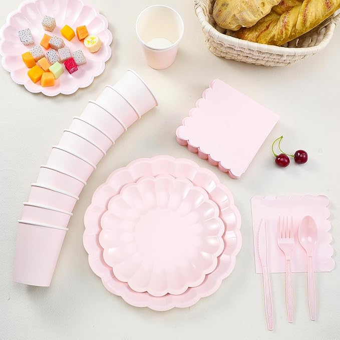 Light Pink Scalloped Paper Plates Shell Edge Disposable Tableware Cocktail Napkins Cups Plastic Spoons Forks Knives for Wedding Baby Shower Picnic Birthday Party Supply for 50 Guests