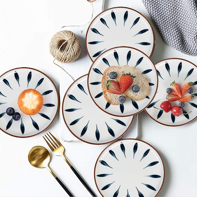 Aquiver 6'' Ceramic Dessert Plates - Color Painted Porcelain Appetizer Plates - Tea Party Small Serving Plates for Cake, Pie, Snacks, Ice Cream, Side Dish, Waffles - Set of 6 (Blue)