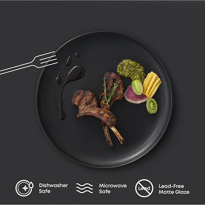 JoyJolt Mesa Stoneware Dinner Plates Set of 6, 10.5" Dish Set, Dishwasher and Microwave Safe Plate Set, Modern Rustic Dinnerware, Kitchen Serving Dishes - Matte Black