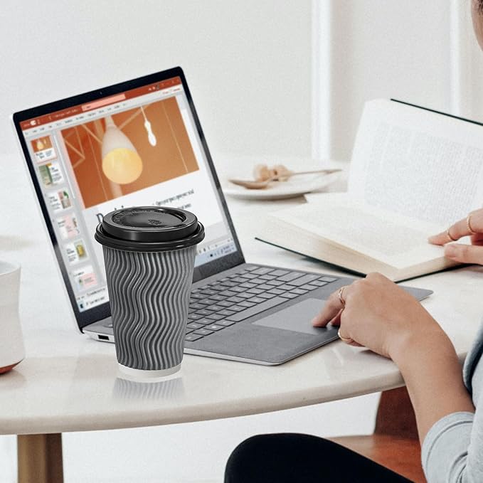 500 Pack Coffee Cups with Lids 16oz, Disposable Insulated Ripple Wall To Go Paper Coffee Cups for Hot/Cold Drinks Office Home Shop Event (Grey)