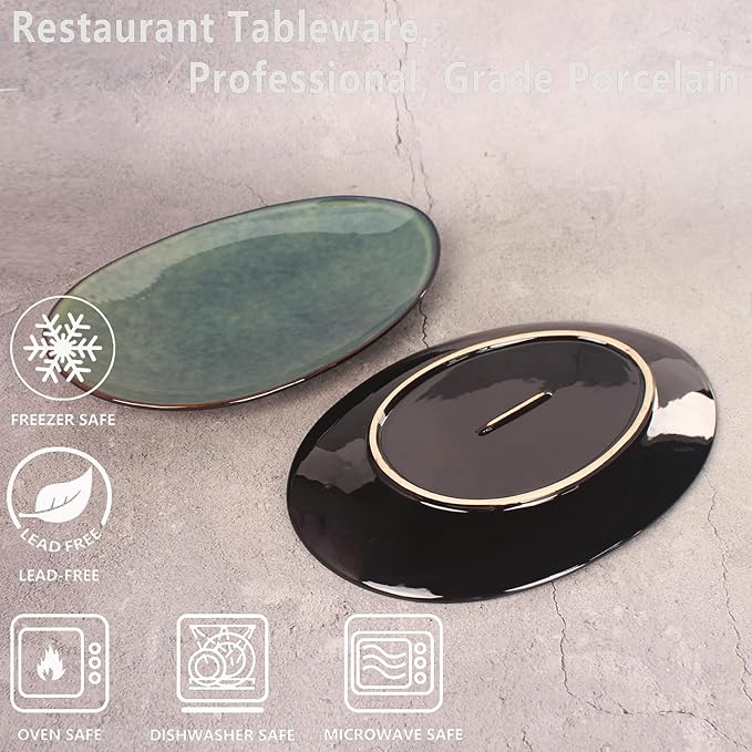 Ceramic Serving Platters - Set of 4 Platters for Entertaining, Modern Kitchen Dishes for Dinner, Fruit, Salad, Serving Trays, Curved Oval Plates 13.4 Inch