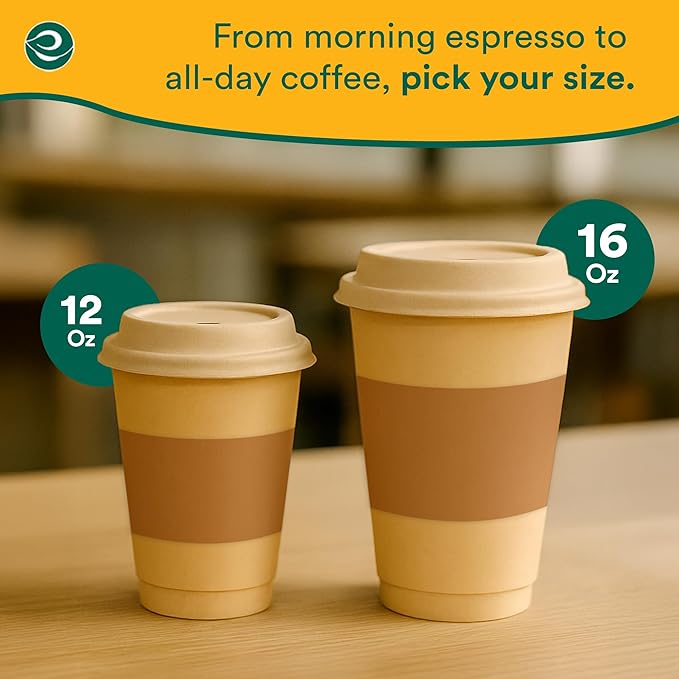 ECO SOUL 50 Pack 16 oz Disposable Coffee Cups with Lids & Sleeves Eco-Friendly, Biodegradable, Compostable, Leak-free & Sturdy To Go Hot Drink Cup for Tea, Chocolate Party Travel Cafe Office & Home