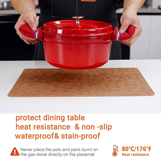 Vinyl Placemats Set of 12 Heat Resistant Easy Clean Non-Slip Place Mats for Dining Table Faux Leather Waterproof Stain Resistant Wipeable Washable PVC Table Mats(12, Light Brown)