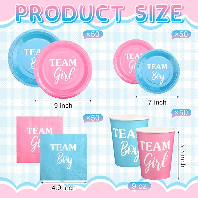 200 Pieces Party Supplies Tableware Set Patterns Printed Plates Napkins Cups Table Decorations for Baby Shower Birthday Party (Gender Reveal Style)