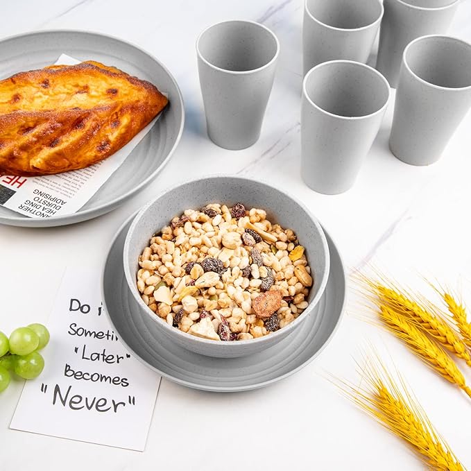 Supernal 32pcs Wheat Straw Dinnerware Sets, Plates and Bowls Sets,Reusable Plastic Plates,Grey Dish Set for 8 include 16pcs Dishes, 8pcs Bowls, 8pcs Cups,Dishwasher Safe.
