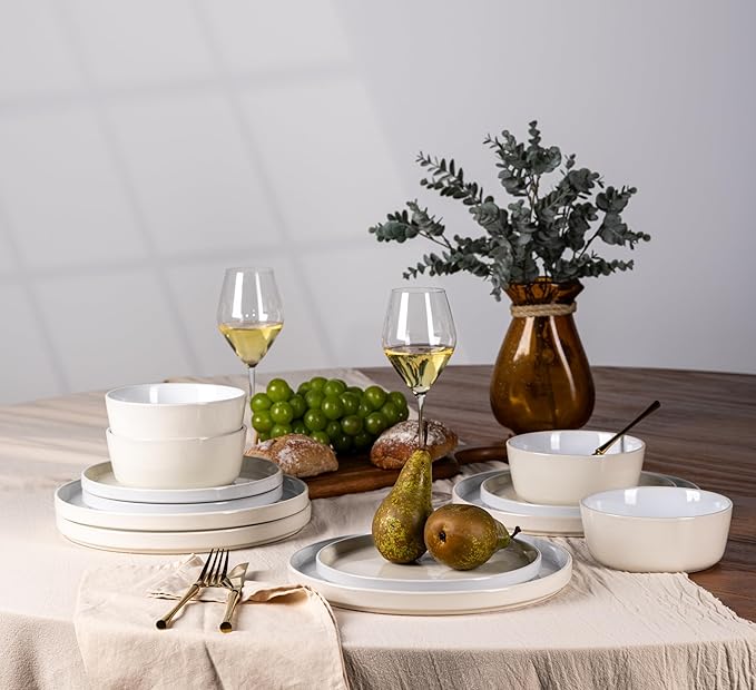 AmorArc Ceramic Dinnerware Set | Stoneware Plates and Bowls | Scratch Resistant,Dishwasher & Microwave Safe Dishes Sets-beige 2
