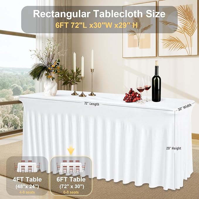6FT White Rectangle Tablecloth with Elastic Table Skirt – Wrinkle-Free Spandex Stretch Fitted Table Cover for Wedding Birthday Party Banquet Buffet Restaurant Event