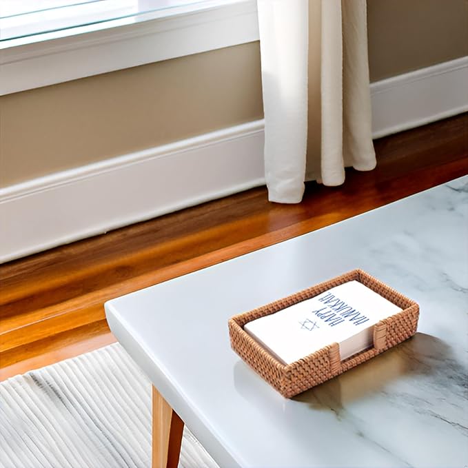 Rattan Napkin Holder Rectangular, Wicker Napkin Basket for Kitchen, Flat Napkin Holders for Paper Napkins, Woven Napkin Holders for Tables (9.5 x 5.5 x 2.2 inch)