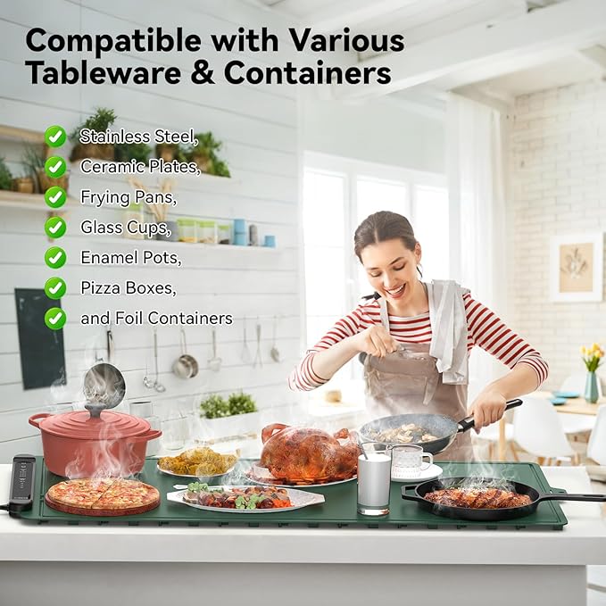 Warming Mat for Food Extra Large: 36"X16" Adjustable Silicone Food Warming Mat Heating Pad Food Warming Pad for Kitchen Counter Warming Trays for Buffets Party Hot Plates for Countertop Gifts Green