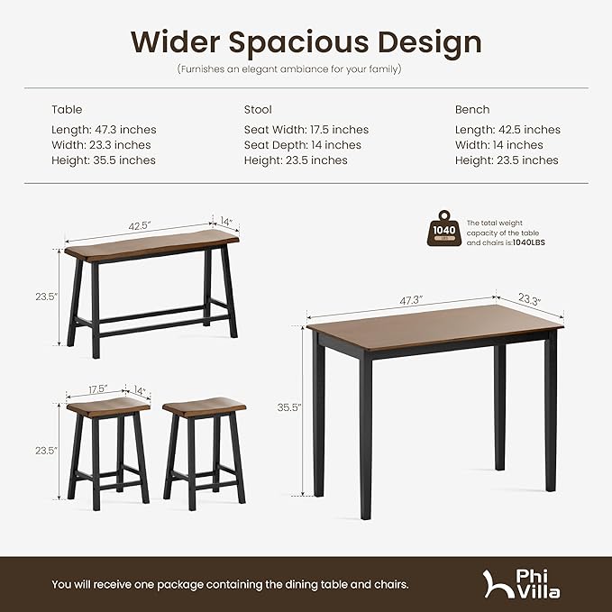 PHI VILLA Kitchen Table with Bench and Chairs, Counter Height Table and Chairs, Solid Wood Small Dining Table Set for 4, High Top Kitchen Table Chairs Set of 4, Walnut with Black