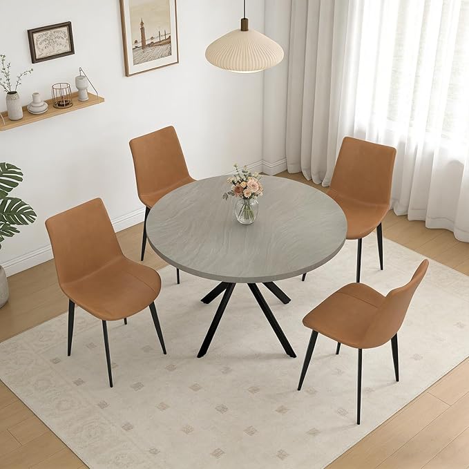 44" Round Dining Table with Chair Set for 4, Modern Mid-Century Dining Table Set of 4, Cozy Dinette Sets with Metal Leg for Kitchen Dining Room Apartment(Gray Table + Brown Chairs)