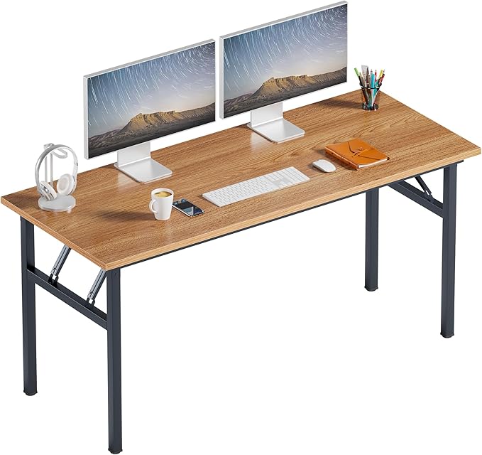 Need Folding Computer Desk, Large 60 inches Folding Table for Home Office, No Install Needed Foldable Writing Table Desk, Teak and Black