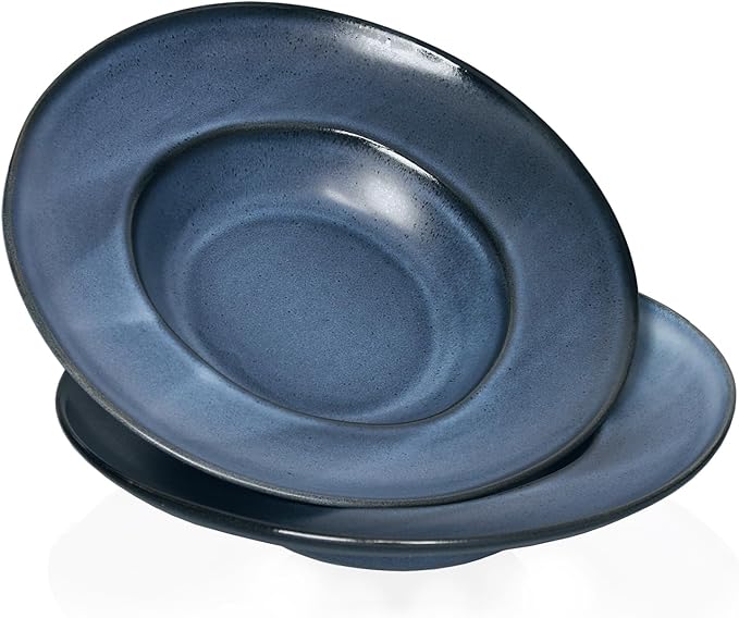 Pasta Plates with Rim 14 oz, Soup Bowl Pasta Bowl Set of 2, Shallow Bowl Plate, Ceramic Wide Rimmed Soup Bowl, Best choice for high-end restaurants, hotels, and foodies,11 Inch Blue