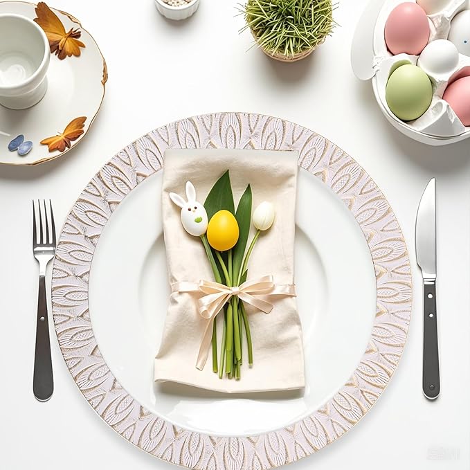 White Charger Plates, 13 Inch Set of 6 Plastic Peacock Chargers for Dinner Plates,Table Settings, Easter, Thanksgiving, Christmas Party, Family Gathering.