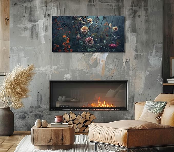 ADJUVANT Wall Art Impressionist Floral 40"L x 20"W, Dark Toned Blossoms With Lush Foliage Canvas Painting Enchanting Flowers Artwork Prints Floral Wall Decor for Living Room Bedroom Study Home Office