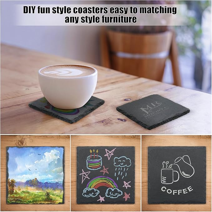 24 Pack Square Slate Drink Coasters, VIBRATITE 4 Inch Black Slate Stone Coasters Bulk Cup Coaster Laser Engraving Blanks with Anti-Scratch Bottom for Drink Coffee Bar Kitchen Home Decor