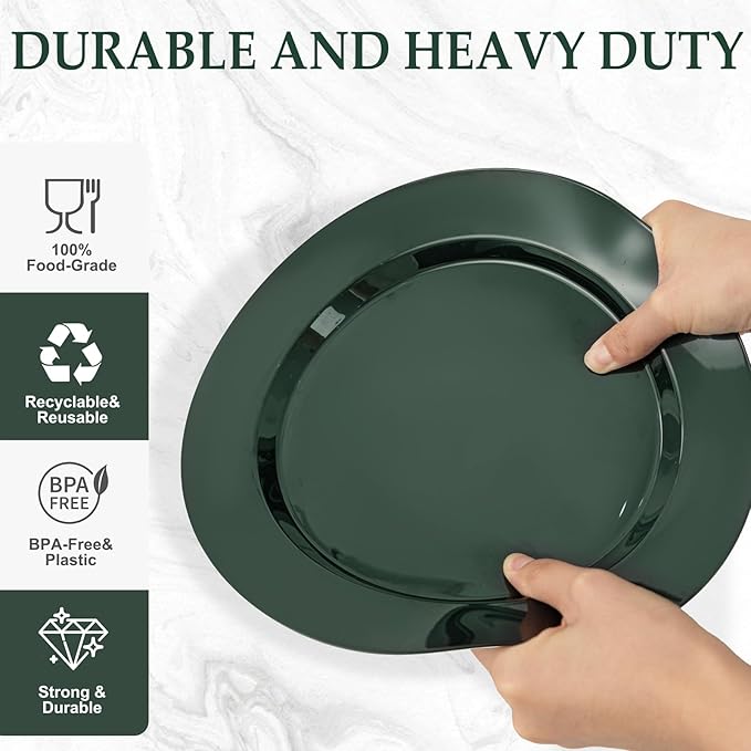 FLOWERCAT 200PCS Dark Green Plastic Plates Disposable Plates for Party - Heavy Duty Plastic Plates - 10" &7" Plate for 100 Guests New Year Parties and Events