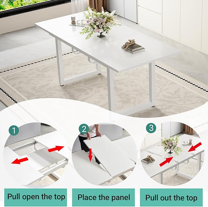 Extendable Dining Table Set for 4, 55"–71" Modern White Kitchen Table with 4 Upholstered Chairs, Space-Saving for Living Room Apartment, Sturdy & Comfortable, Easy Assembly