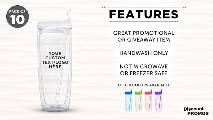 Custom Tall Orbit Acrylic Tumblers 20 oz. Set of 10, Personalized Bulk Pack - Perfect for Iced Coffee, Soda, Other Hot & Cold Beverages - Clear