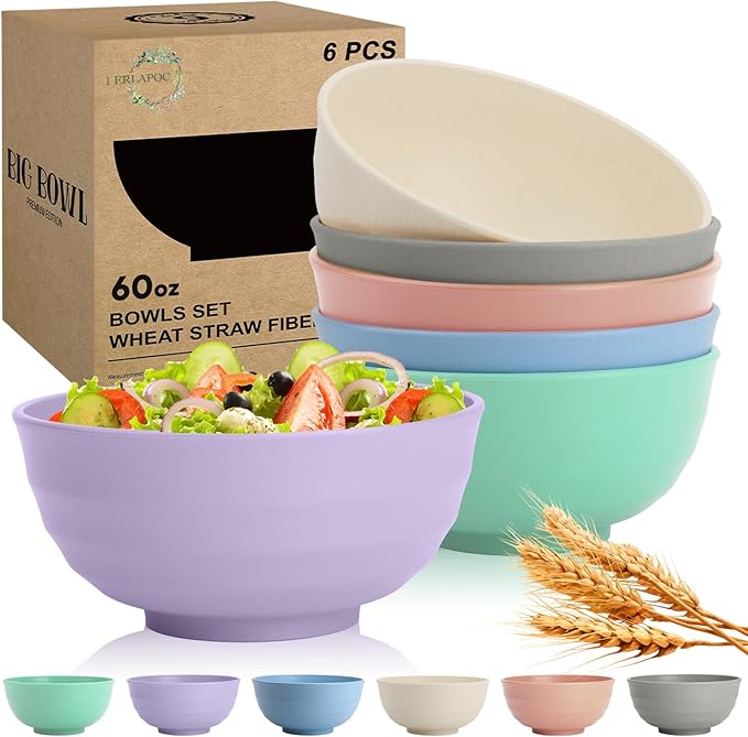 Large Serving Bowls Set of 6, 60 OZ Wheat Straw Bowls Unbreakable, Microwave Safe & Dishwasher Safe, Perfect for Parties, Salads, Noddles, Cereal, Soup, Family Gatherings, Colorful