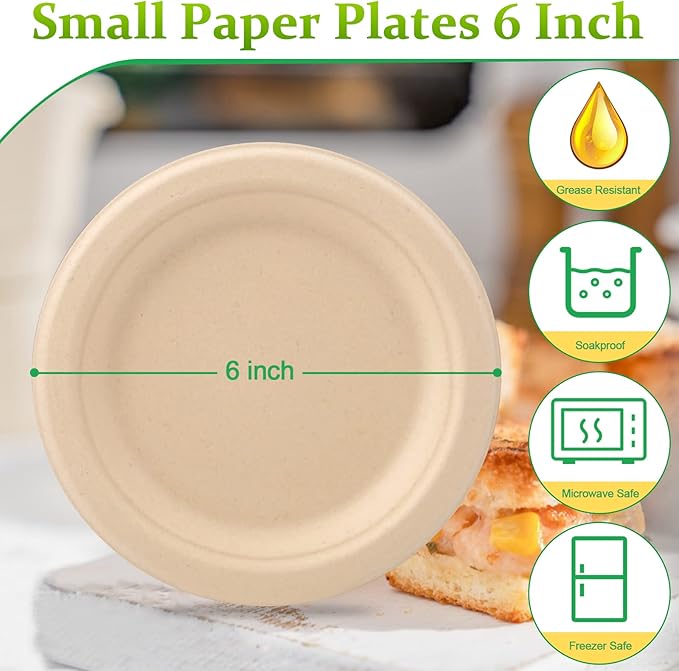 150 Pack Bulk Paper Plates, Small Paper Plates 6 inch, 100% Compostable Plates Eco Friendly Disposable Plates, Brown Paper Plates for Dessert Cake Appetizer