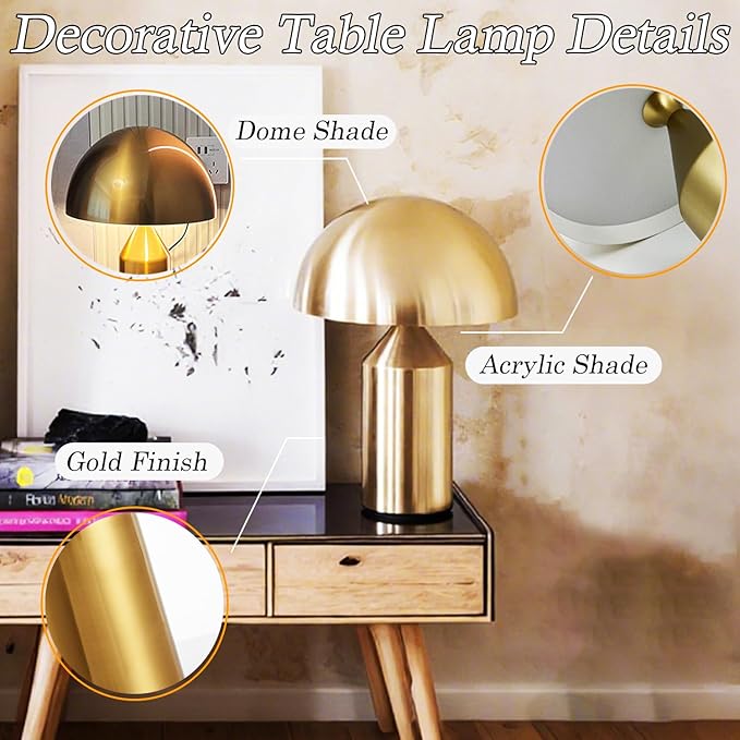 MIXL-Cordless Gold Mushroom Table Lamp,Battery Mushroom Night Light,Wireless Touch Nightstand Lamp,Mid Century Modern Table Lights for Living Room Bedroom