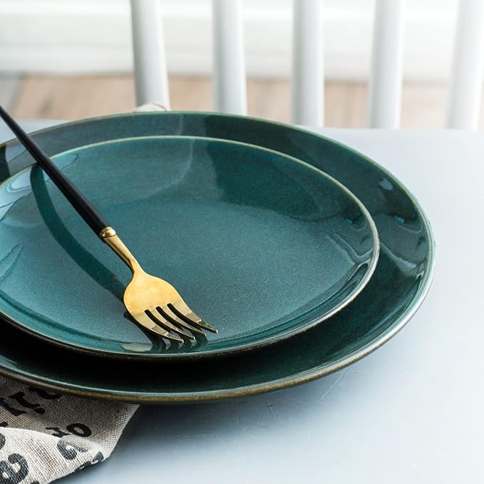 UNICASA Ceramic 10.25 Inch Dinner Plates Set, Porcelain Pasta Plate Set of 4, Reactive Glaze Serving Dishes for Steak, Salad, Pizza, Dishwasher & Microwave Safe (Teal)