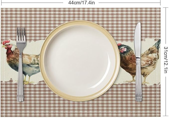 Rustic Rooster Placemat Set, Vintage Boho Farmhouse Colorful Watertcolor Chicken Pink Plaid Pattern Home Decor Table Mats for Dining Room Kitchen Party (17x12in) x6P