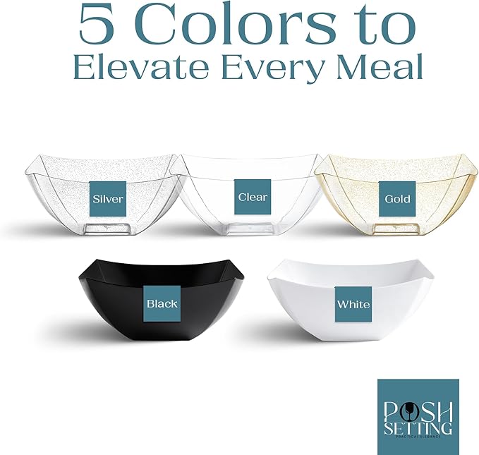 Posh Setting - White Plastic Square Serving Bowls for Party (16oz - 4 Pack), Disposable & Candy Containers for Party Table & Buffet
