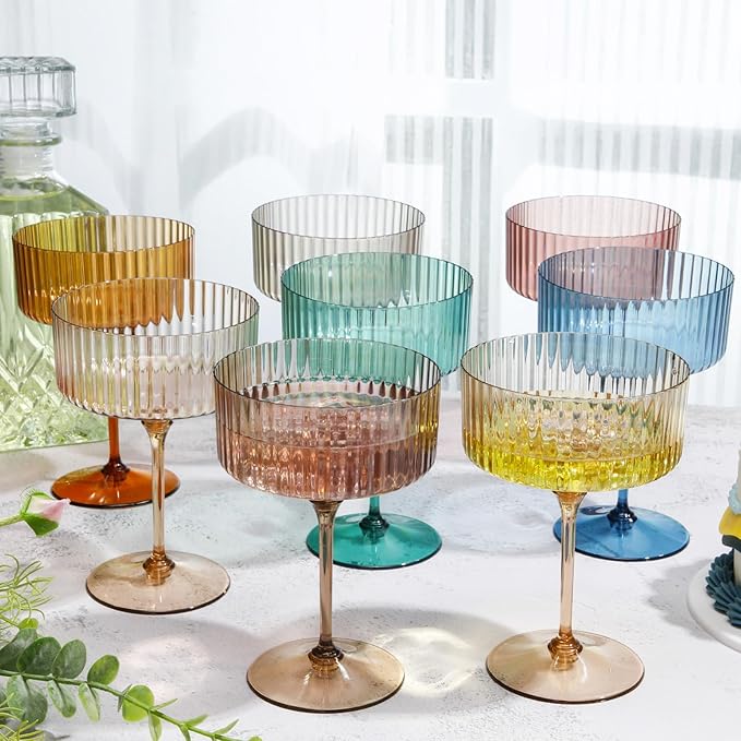 60 Pcs Ribbed Martini Glasses 10 oz Disposable Plastic Vintage Ribbed Coupe Glasses Unbreakable Dessert Parfait Glassware for Wedding Birthday Party Supplies (Classic Color)