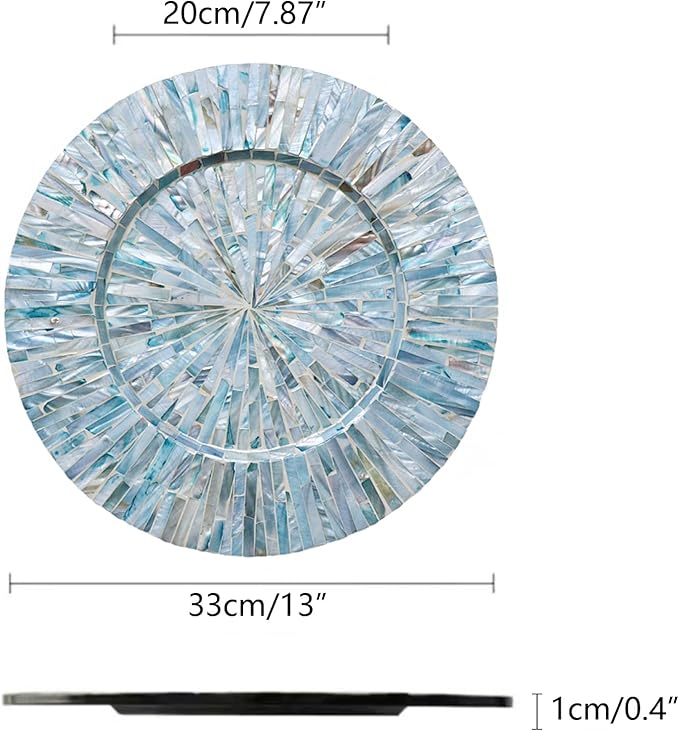 i-lan 13inch 2 Pack Mother of Pearl Decorative Plates for Display, Sea Shell Inlay Wood Charger Plates for Dining, Party, Modern and Coastal Decoration Placemats for Dinner Plates,Blue Ray