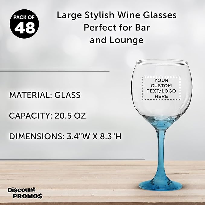 Custom Premiere Wedding Wine Glasses 20.5 oz Set of 48, Personalized Bulk Pack - Restaurant Glassware, Perfect for Red Wine or White Wine - Blue