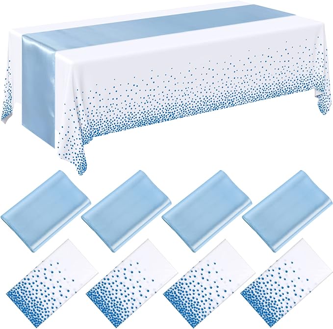 Breling 8 Pack Winter Baby Blue and White Disposable Plastic Tablecloths and Satin Table Runner Set, 54 x 108 Inch Tablecloth, 12 x 108 Inch Table Runners for Wedding Birthday Baby Shower New Year