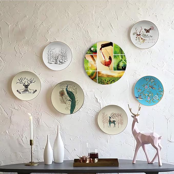 Ceramic Plates, Wine Decorative Ceramic Plates, Wine Tasting and Grapevine Collage Green Fresh, 7 Inch, for Dining, Parties, Wedding, Green Ruby Caramel