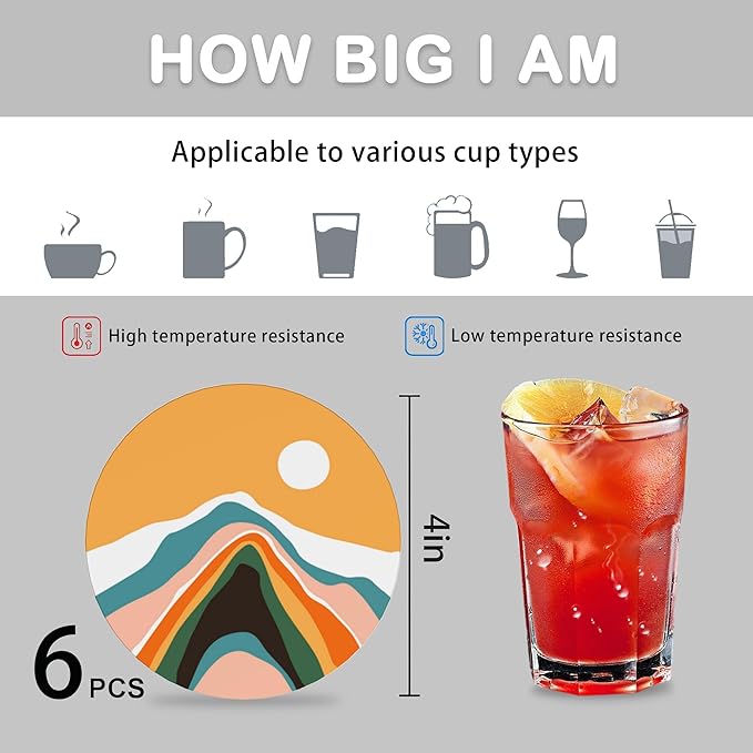 Boho Sunset Sunrise Mountain Set of 6 Coasters for Drinks Absorbing Round Ceramic Stone Coaster with Cork Base,Tabletop Protection Mat for Mugs and Cups,Office,Kitchen